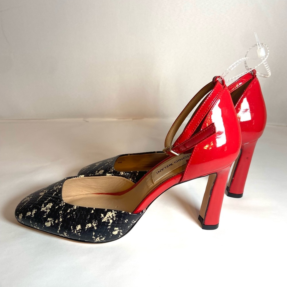 ANTONIO MELANI Red and Black/White Patterned Ankle-Strap Heels - Picture 4 of 10
